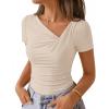ZESICA Womens Summer Asymmetrical T Shirts Ruched Fitted Y2K Going Out Tops 2026 Spring Fashion Outfits Casual Work Blouse(Sand)