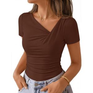 ZESICA Womens Summer Asymmetrical T Shirts Ruched Fitted Y2K Going Out Tops 2026 Spring Fashion Outfits Casual Work Blouse(Brown)
