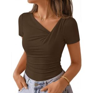 ZESICA Womens Summer Asymmetrical T Shirts Ruched Fitted Y2K Going Out Tops 2026 Spring Fashion Outfits Casual Work Blouse(Coffee)
