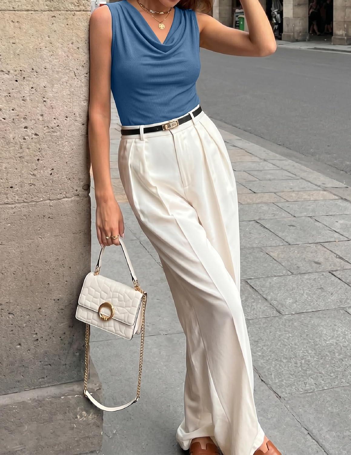 imageZESICA Womens Cowl Neck Business Casual Tank Tops 2026 Summer Sleeveless Knit Shirts Work Dressy BlousesDustyblue