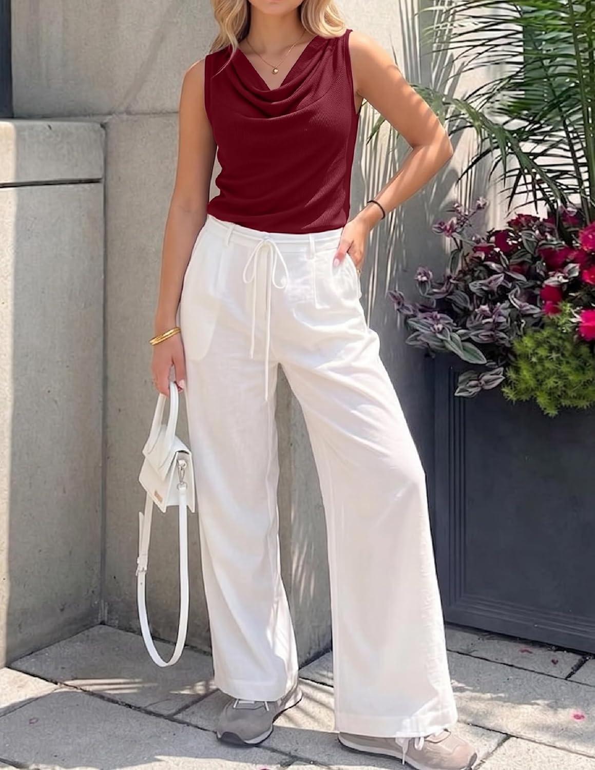imageZESICA Womens Cowl Neck Business Casual Tank Tops 2026 Summer Sleeveless Knit Shirts Work Dressy BlousesWine