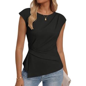ZESICA Womens Boat Neck Cap Sleeve Tops Dressy Casual Peplum Shirts 2026 Summer Tunic Blouses Fashion Trendy Clothes(Black)