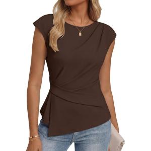 ZESICA Womens Boat Neck Cap Sleeve Tops Dressy Casual Peplum Shirts 2026 Summer Tunic Blouses Fashion Trendy Clothes(Brown)