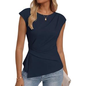 ZESICA Womens Boat Neck Cap Sleeve Tops Dressy Casual Peplum Shirts 2026 Summer Tunic Blouses Fashion Trendy Clothes(Navy)