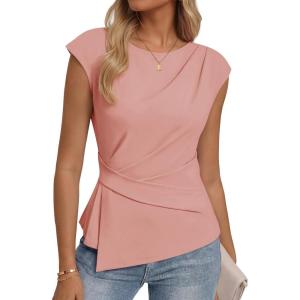 ZESICA Womens Boat Neck Cap Sleeve Tops Dressy Casual Peplum Shirts 2026 Summer Tunic Blouses Fashion Trendy Clothes(Pink)