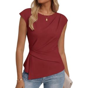 ZESICA Womens Boat Neck Cap Sleeve Tops Dressy Casual Peplum Shirts 2026 Summer Tunic Blouses Fashion Trendy Clothes(Red)