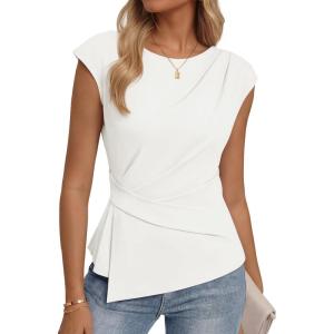 ZESICA Womens Boat Neck Cap Sleeve Tops Dressy Casual Peplum Shirts 2026 Summer Tunic Blouses Fashion Trendy Clothes(White)