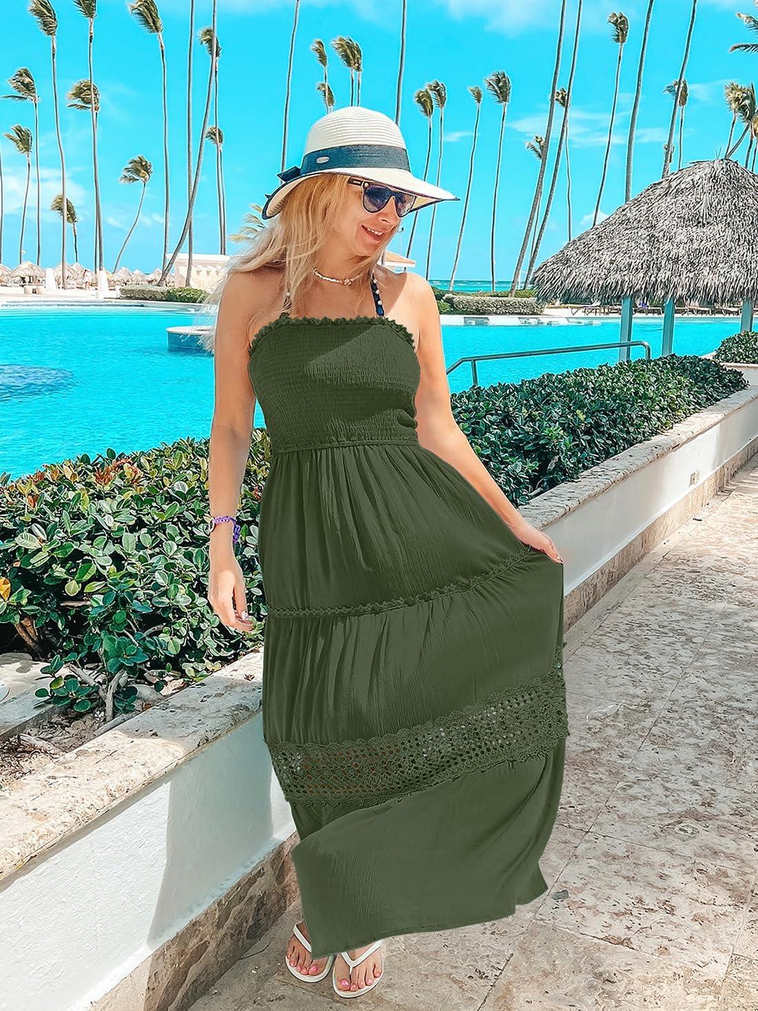 imageZESICA Womens 2026 Summer Boho Maxi Dresses Strapless Off Shoulder Lace Flowy A Line Beach Vacation Long SundressArmygreen