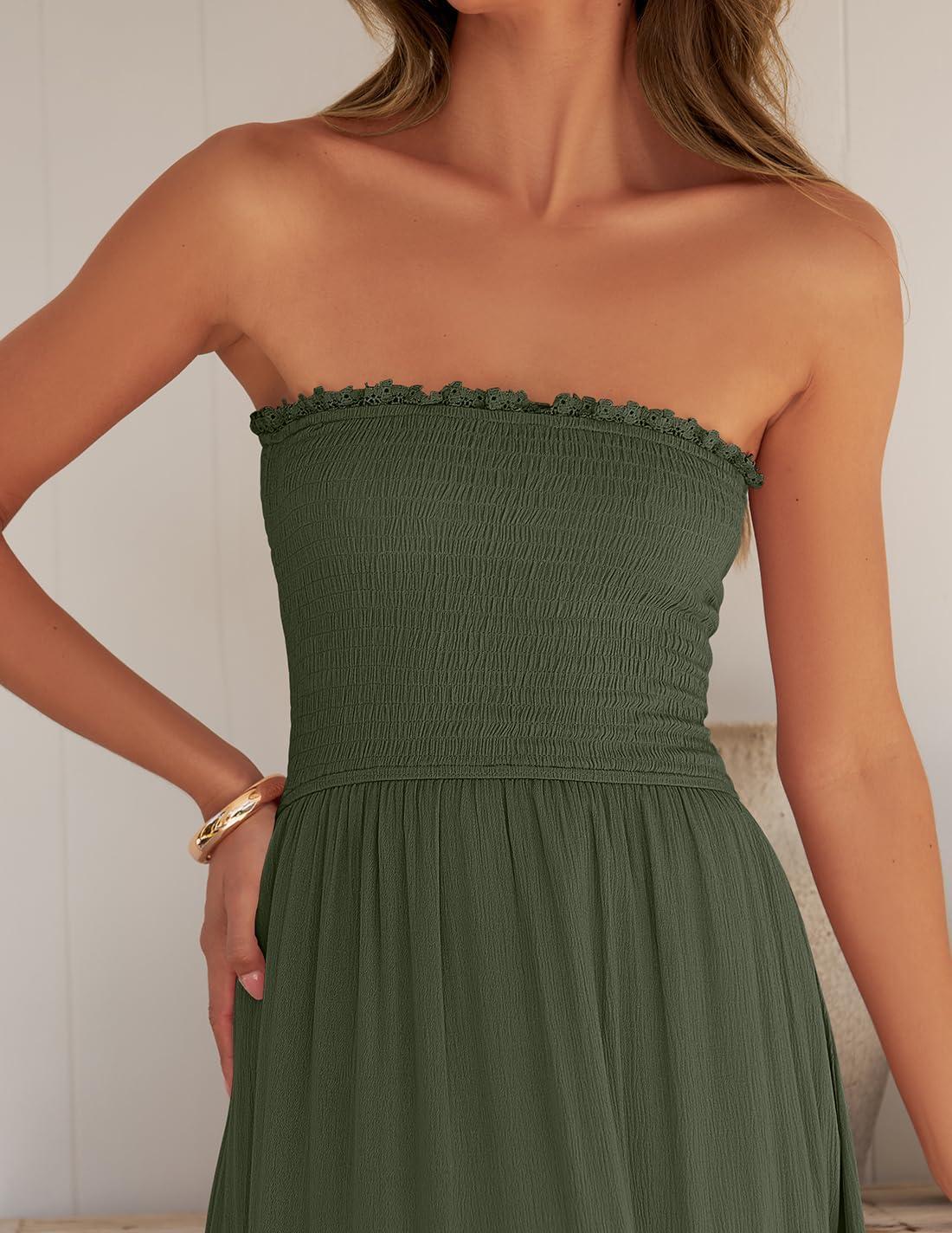 imageZESICA Womens 2026 Summer Boho Maxi Dresses Strapless Off Shoulder Lace Flowy A Line Beach Vacation Long SundressArmygreen