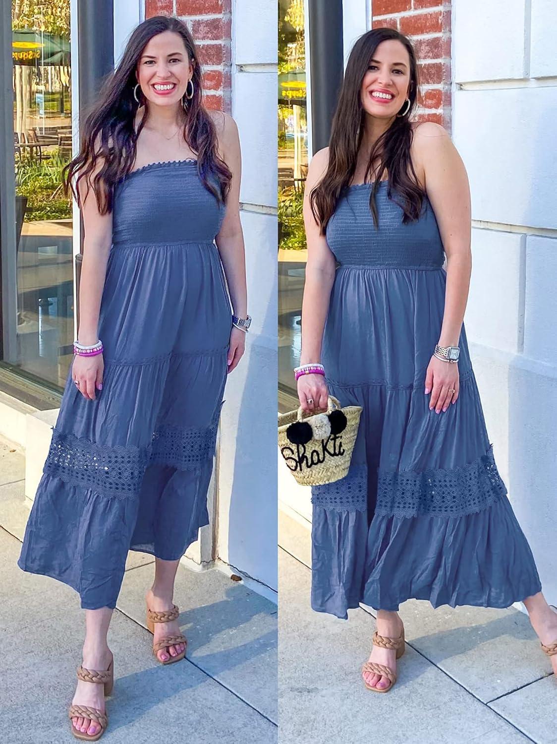 imageZESICA Womens 2026 Summer Boho Maxi Dresses Strapless Off Shoulder Lace Flowy A Line Beach Vacation Long SundressBlue