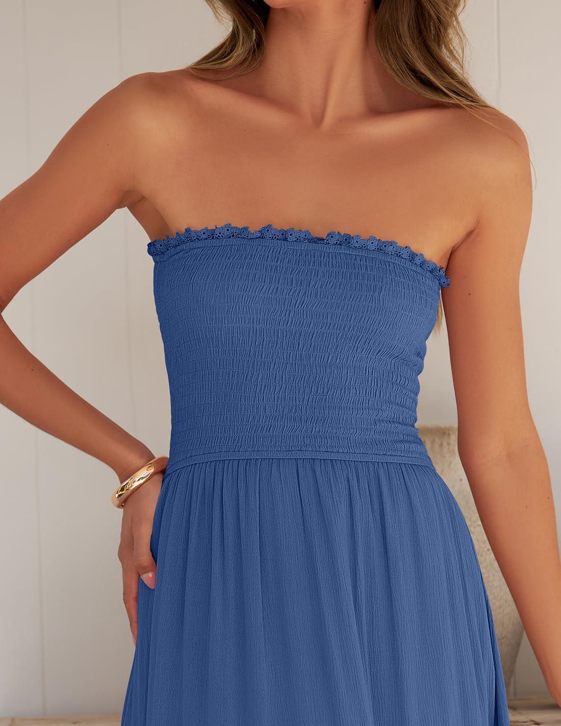 imageZESICA Womens 2026 Summer Boho Maxi Dresses Strapless Off Shoulder Lace Flowy A Line Beach Vacation Long SundressBlue