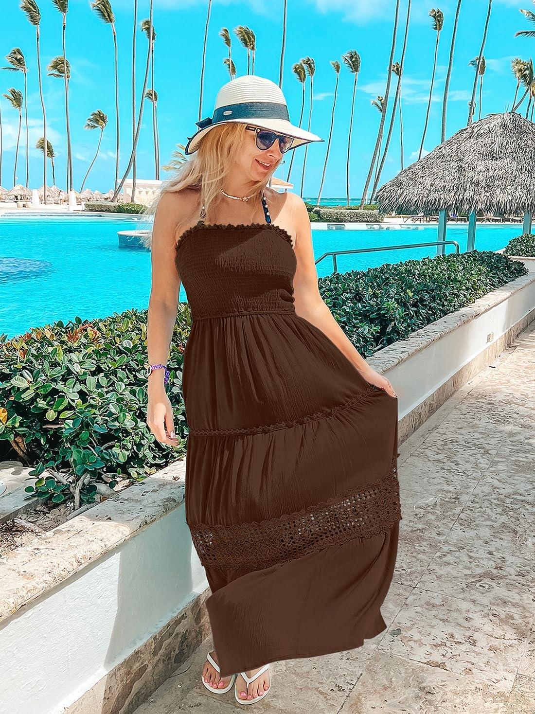 imageZESICA Womens 2026 Summer Boho Maxi Dresses Strapless Off Shoulder Lace Flowy A Line Beach Vacation Long SundressCoffee