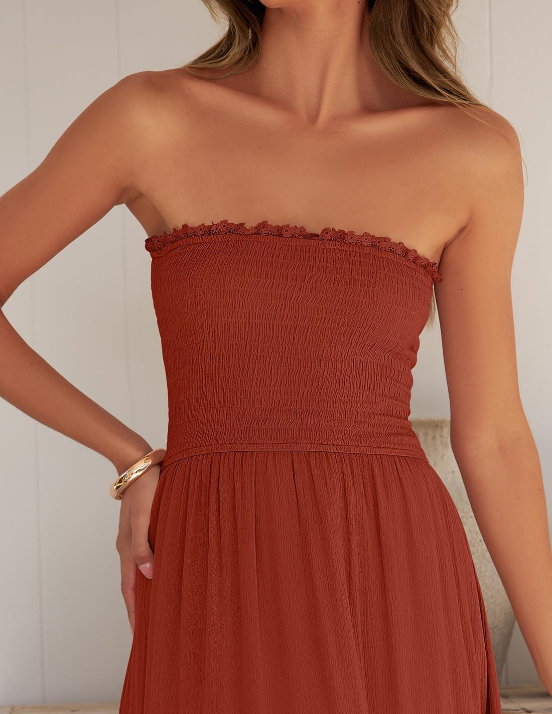 imageZESICA Womens 2026 Summer Boho Maxi Dresses Strapless Off Shoulder Lace Flowy A Line Beach Vacation Long SundressDarkorange