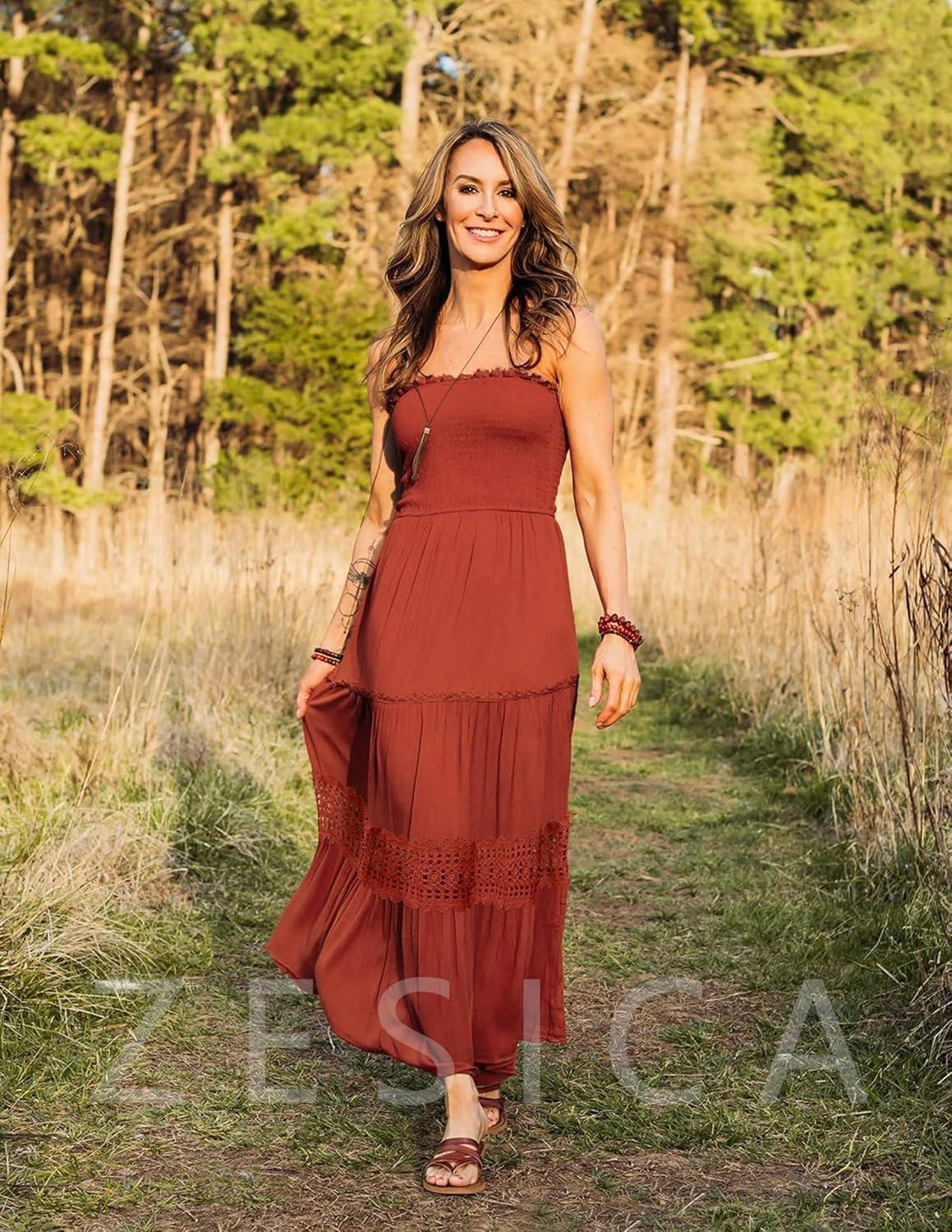 imageZESICA Womens 2026 Summer Boho Maxi Dresses Strapless Off Shoulder Lace Flowy A Line Beach Vacation Long SundressDarkorange