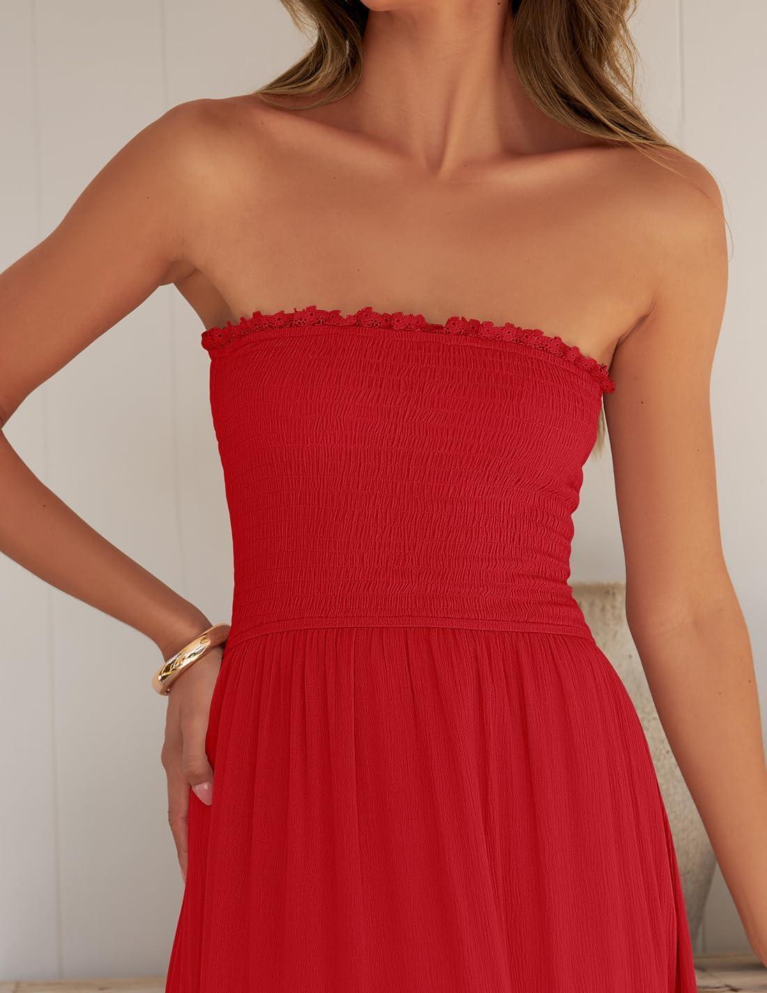 imageZESICA Womens 2026 Summer Boho Maxi Dresses Strapless Off Shoulder Lace Flowy A Line Beach Vacation Long SundressFirered