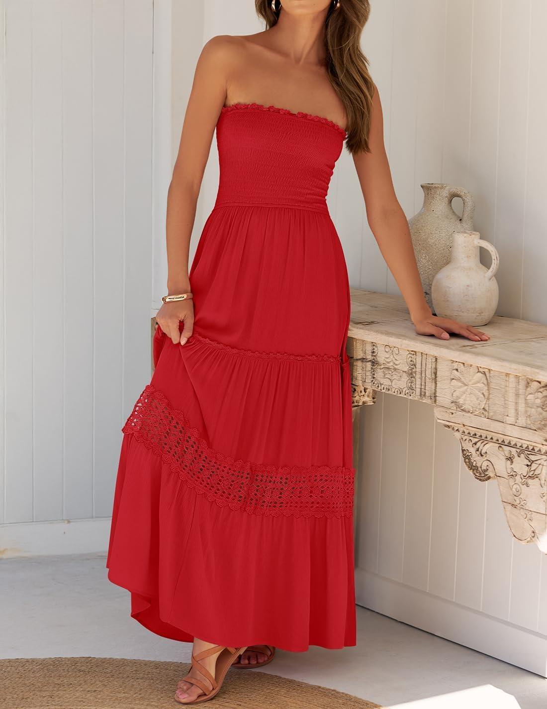 imageZESICA Womens 2026 Summer Boho Maxi Dresses Strapless Off Shoulder Lace Flowy A Line Beach Vacation Long SundressFirered