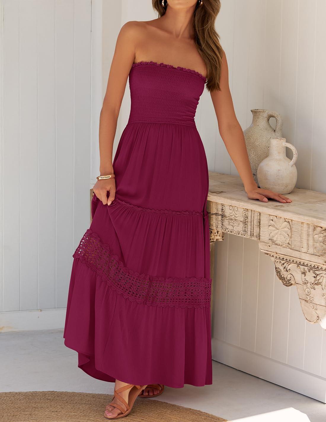imageZESICA Womens 2026 Summer Boho Maxi Dresses Strapless Off Shoulder Lace Flowy A Line Beach Vacation Long SundressFuchsia