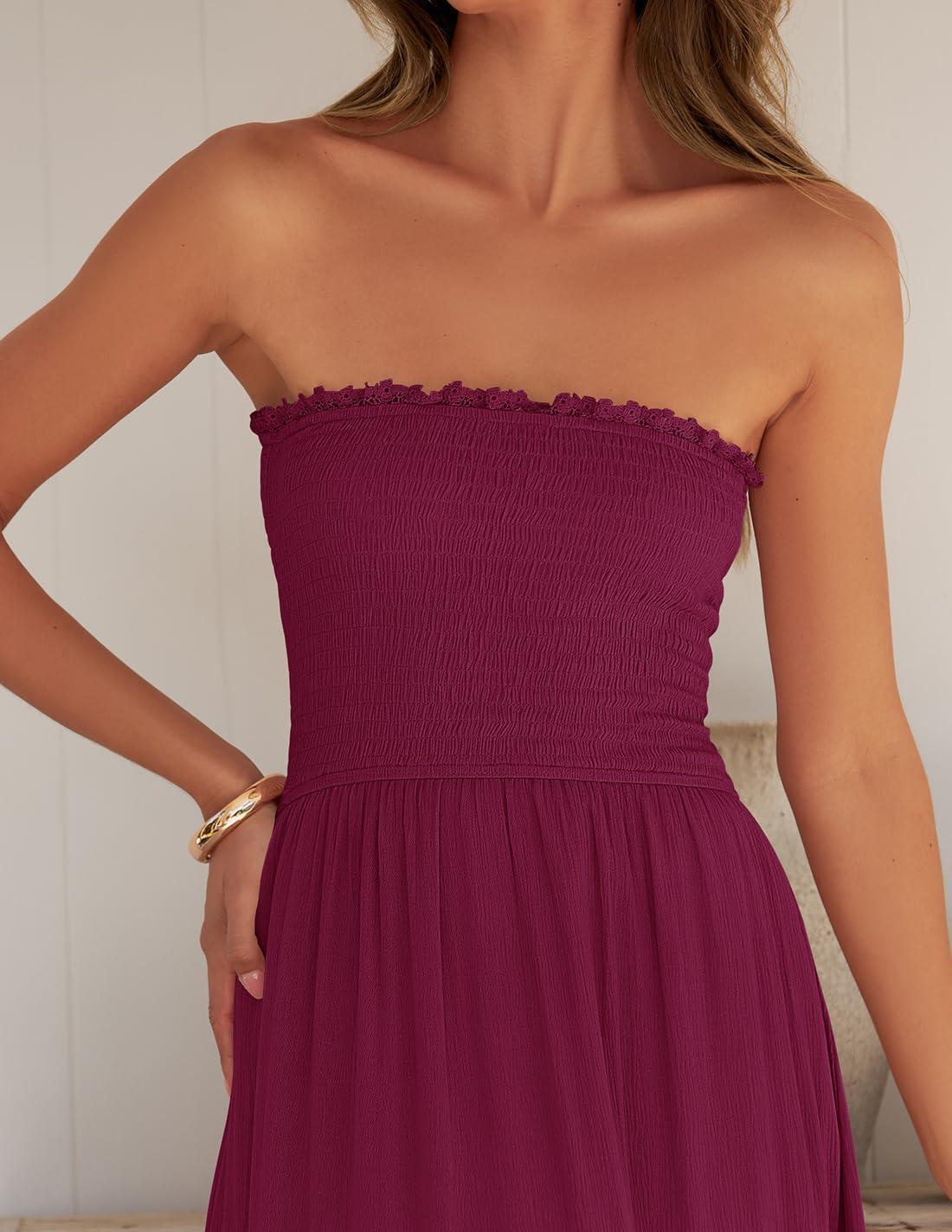 imageZESICA Womens 2026 Summer Boho Maxi Dresses Strapless Off Shoulder Lace Flowy A Line Beach Vacation Long SundressFuchsia