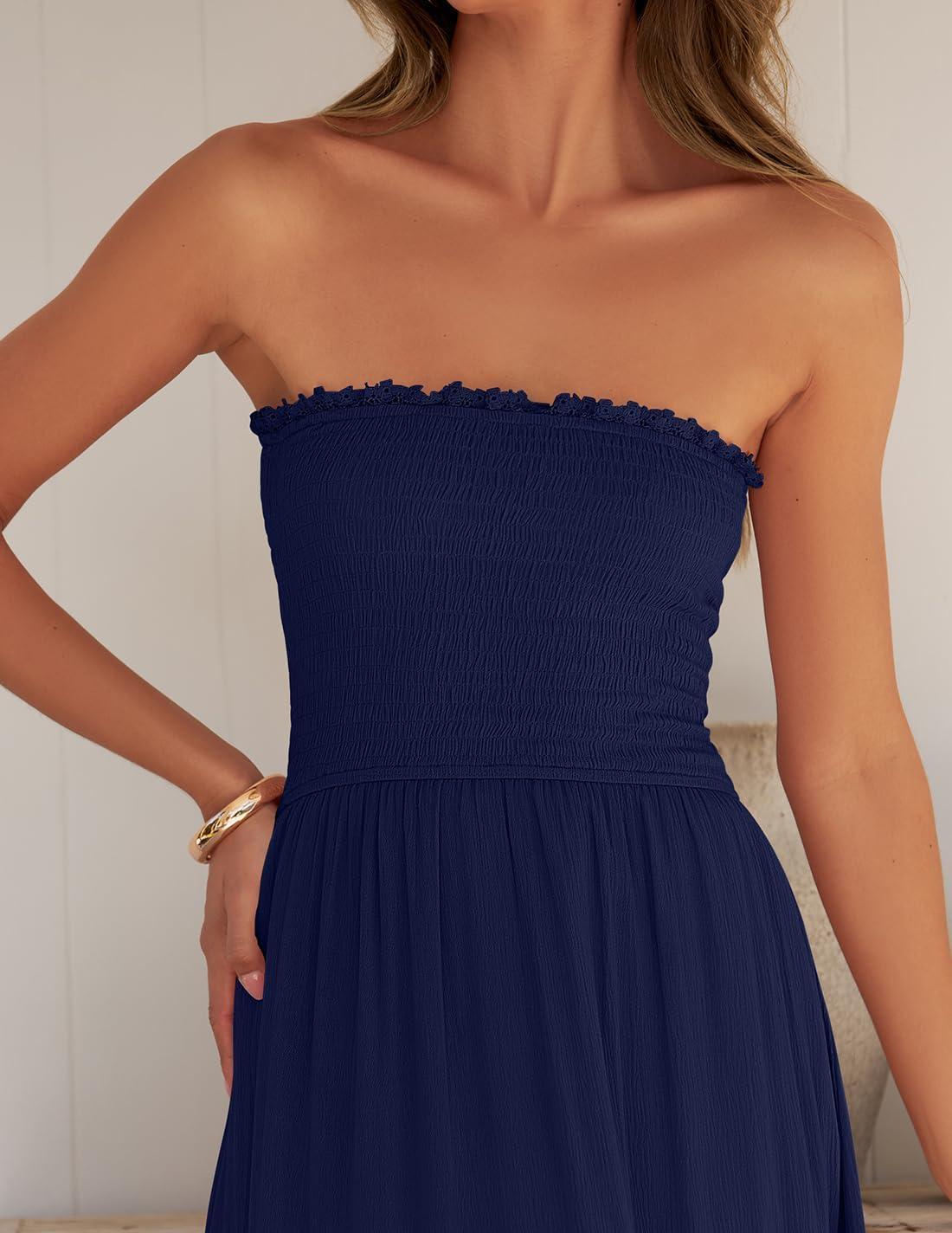 imageZESICA Womens 2026 Summer Boho Maxi Dresses Strapless Off Shoulder Lace Flowy A Line Beach Vacation Long SundressNavy