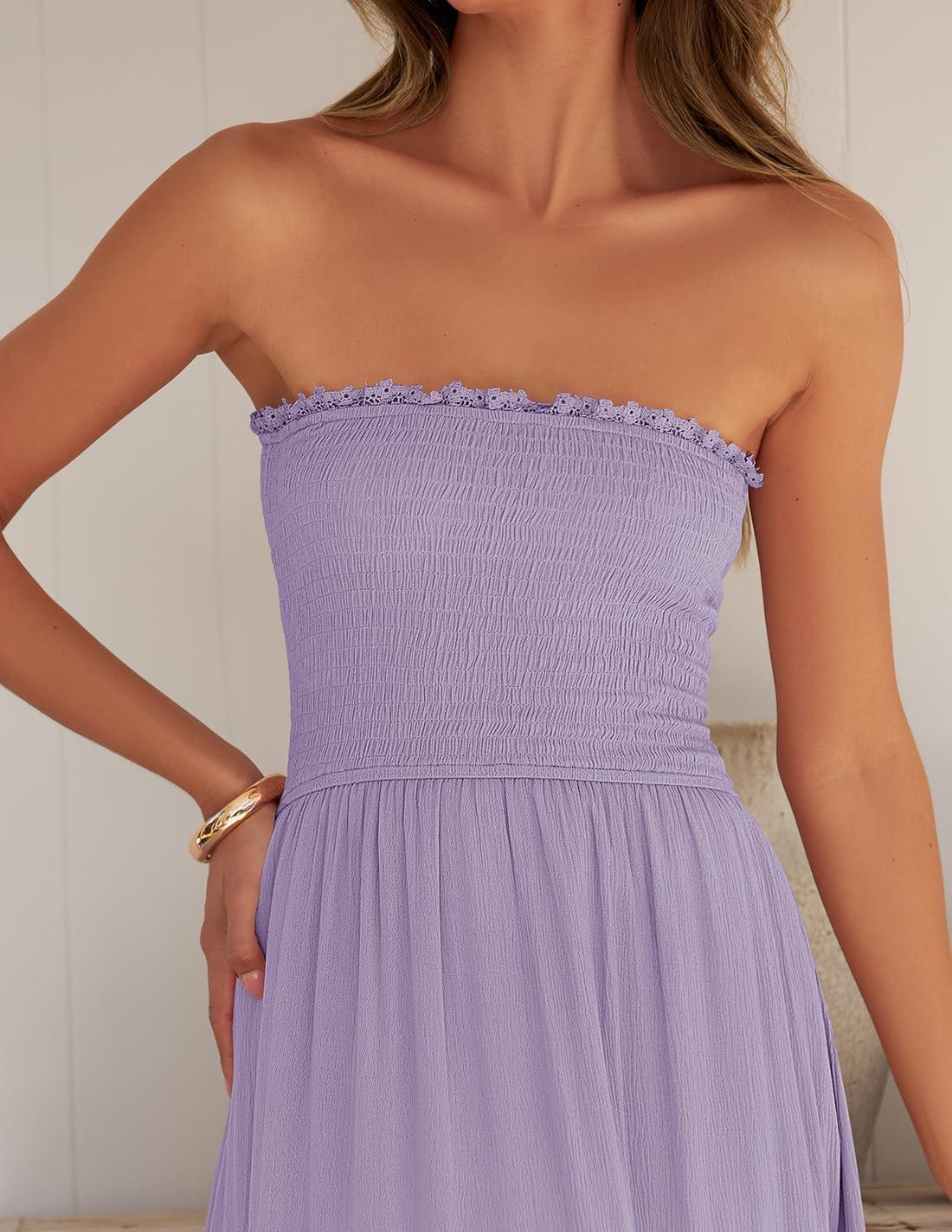 imageZESICA Womens 2026 Summer Boho Maxi Dresses Strapless Off Shoulder Lace Flowy A Line Beach Vacation Long SundressPurple
