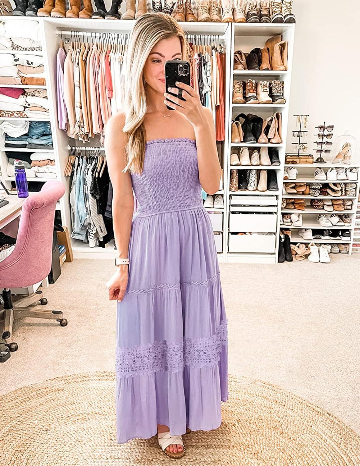 imageZESICA Womens 2026 Summer Boho Maxi Dresses Strapless Off Shoulder Lace Flowy A Line Beach Vacation Long SundressPurple
