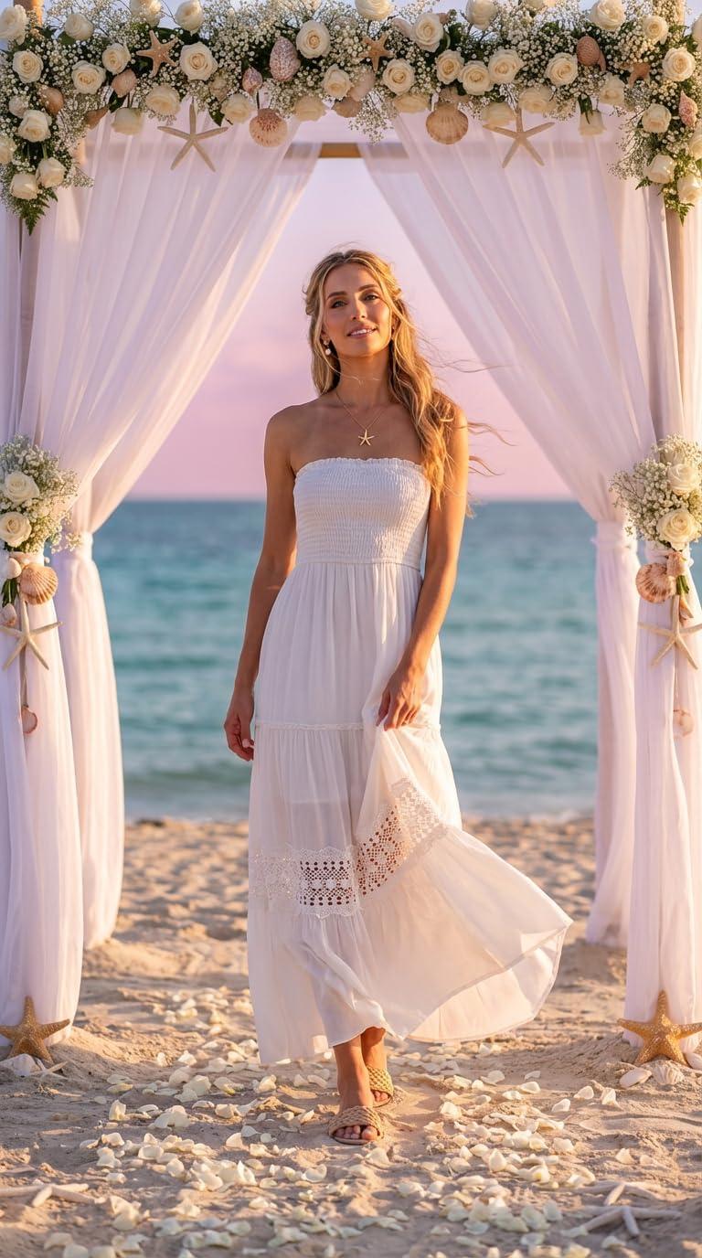 imageZESICA Womens 2026 Summer Boho Maxi Dresses Strapless Off Shoulder Lace Flowy A Line Beach Vacation Long SundressWhite