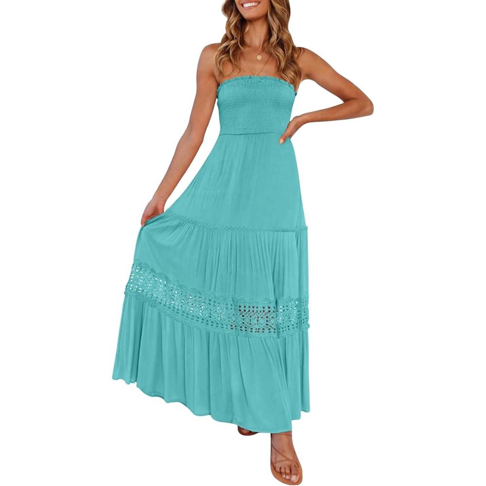imageZESICA Womens 2026 Summer Boho Maxi Dresses Strapless Off Shoulder Lace Flowy A Line Beach Vacation Long SundressAqua