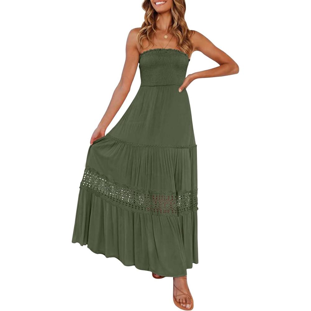 imageZESICA Womens 2026 Summer Boho Maxi Dresses Strapless Off Shoulder Lace Flowy A Line Beach Vacation Long SundressArmygreen