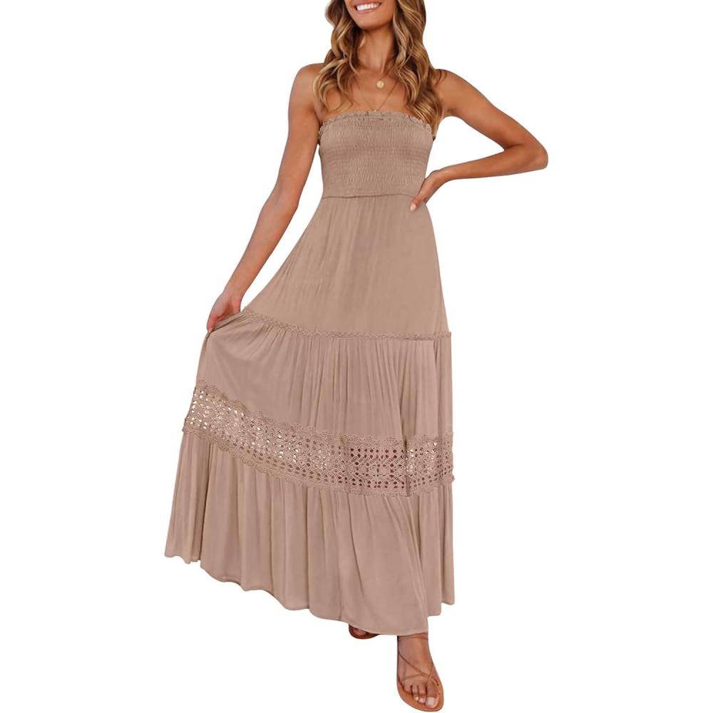 imageZESICA Womens 2026 Summer Boho Maxi Dresses Strapless Off Shoulder Lace Flowy A Line Beach Vacation Long SundressPink