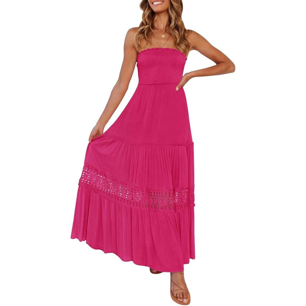 imageZESICA Womens 2026 Summer Boho Maxi Dresses Strapless Off Shoulder Lace Flowy A Line Beach Vacation Long SundressRose
