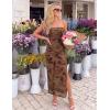 ZESICA Womens Summer Floral Bodycon Maxi Dress 2026 Strapless Tube Split Wedding Guest Cocktail Party Mesh Long Dresses(Brown)