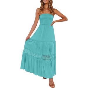 ZESICA Women’s 2026 Summer Boho Maxi Dresses Strapless Off Shoulder Lace Flowy A Line Beach Vacation Long Sundress(Aqua)