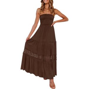 ZESICA Women’s 2026 Summer Boho Maxi Dresses Strapless Off Shoulder Lace Flowy A Line Beach Vacation Long Sundress(Coffee)