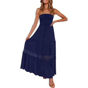 ZESICA Women’s 2026 Summer Boho Maxi Dresses Strapless Off Shoulder Lace Flowy A Line Beach Vacation Long Sundress(Navy)