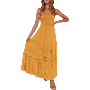 ZESICA Women’s 2026 Summer Boho Maxi Dresses Strapless Off Shoulder Lace Flowy A Line Beach Vacation Long Sundress(Yellow)