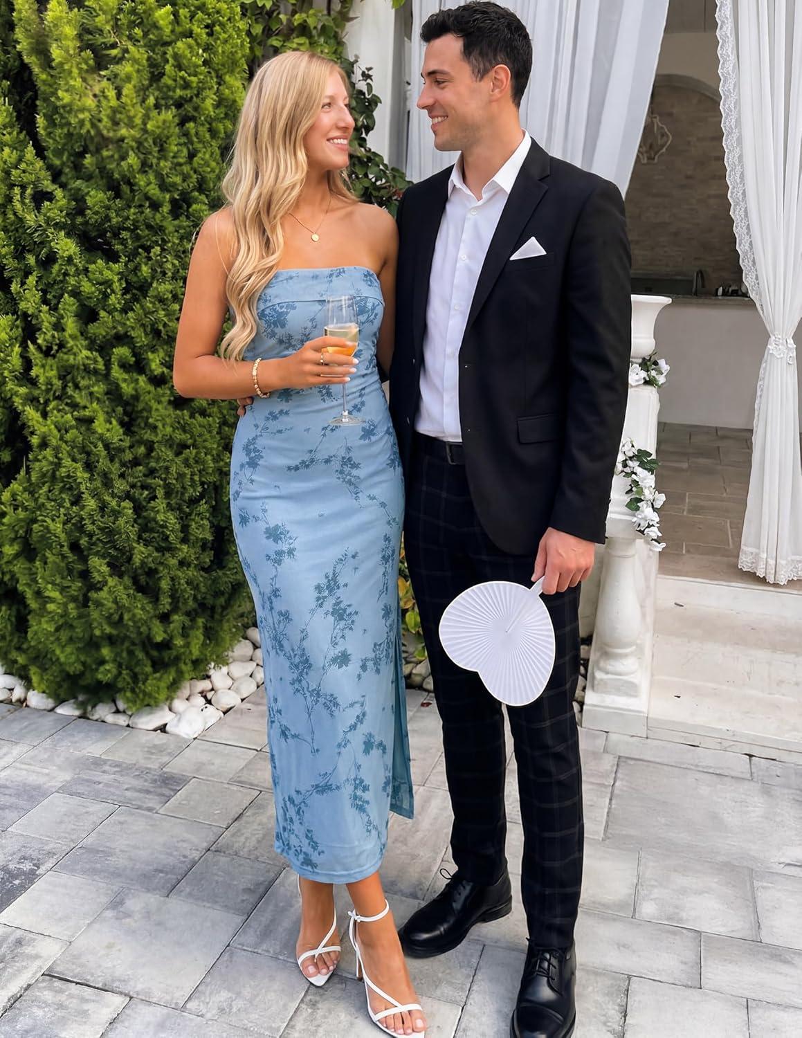 imageZESICA Womens Summer Floral Mesh Bodycon Maxi Dress 2026 Strapless Side Slit Formal Cocktail Party Long DressesBlue