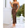 ZESICA Womens Summer Floral Mesh Bodycon Maxi Dress 2026 Strapless Side Slit Formal Cocktail Party Long Dresses(Brown)