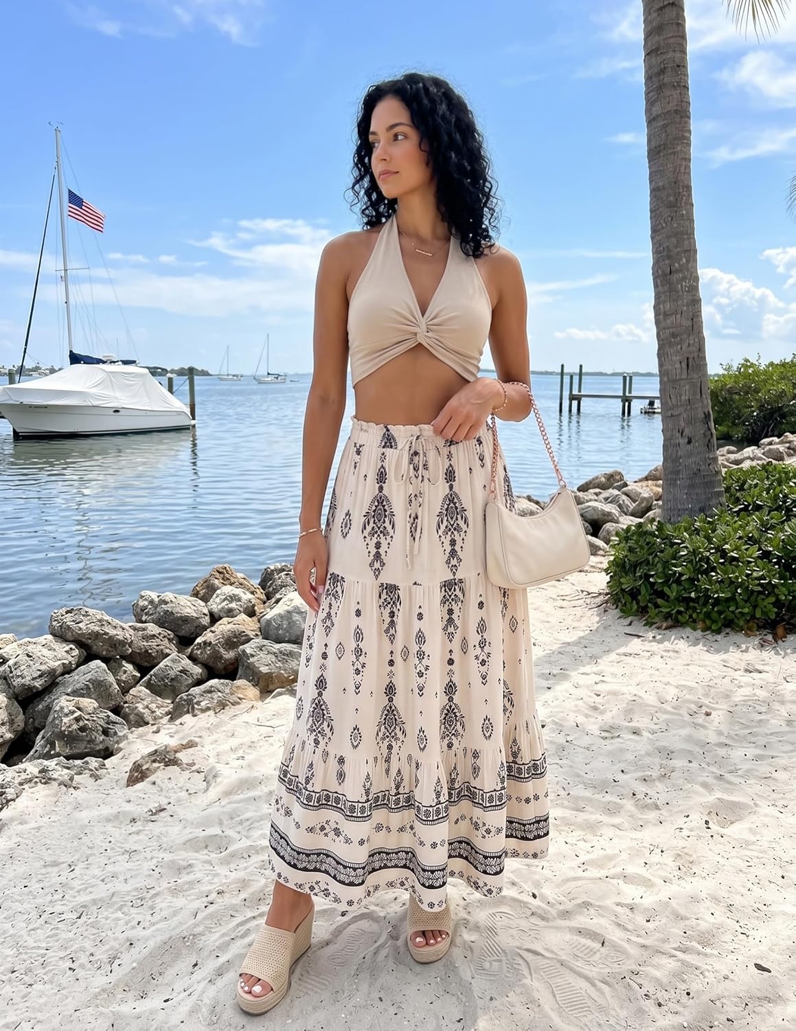 imageZESICA Womens 2026 Summer Bohemian Floral Printed Elastic Waist A Line Maxi Skirt with PocketsApricot