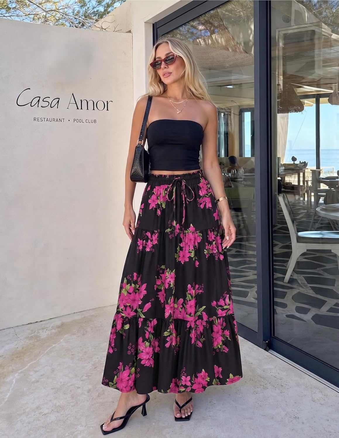 imageZESICA Womens 2026 Summer Bohemian Floral Printed Elastic Waist A Line Maxi Skirt with PocketsBlackrose
