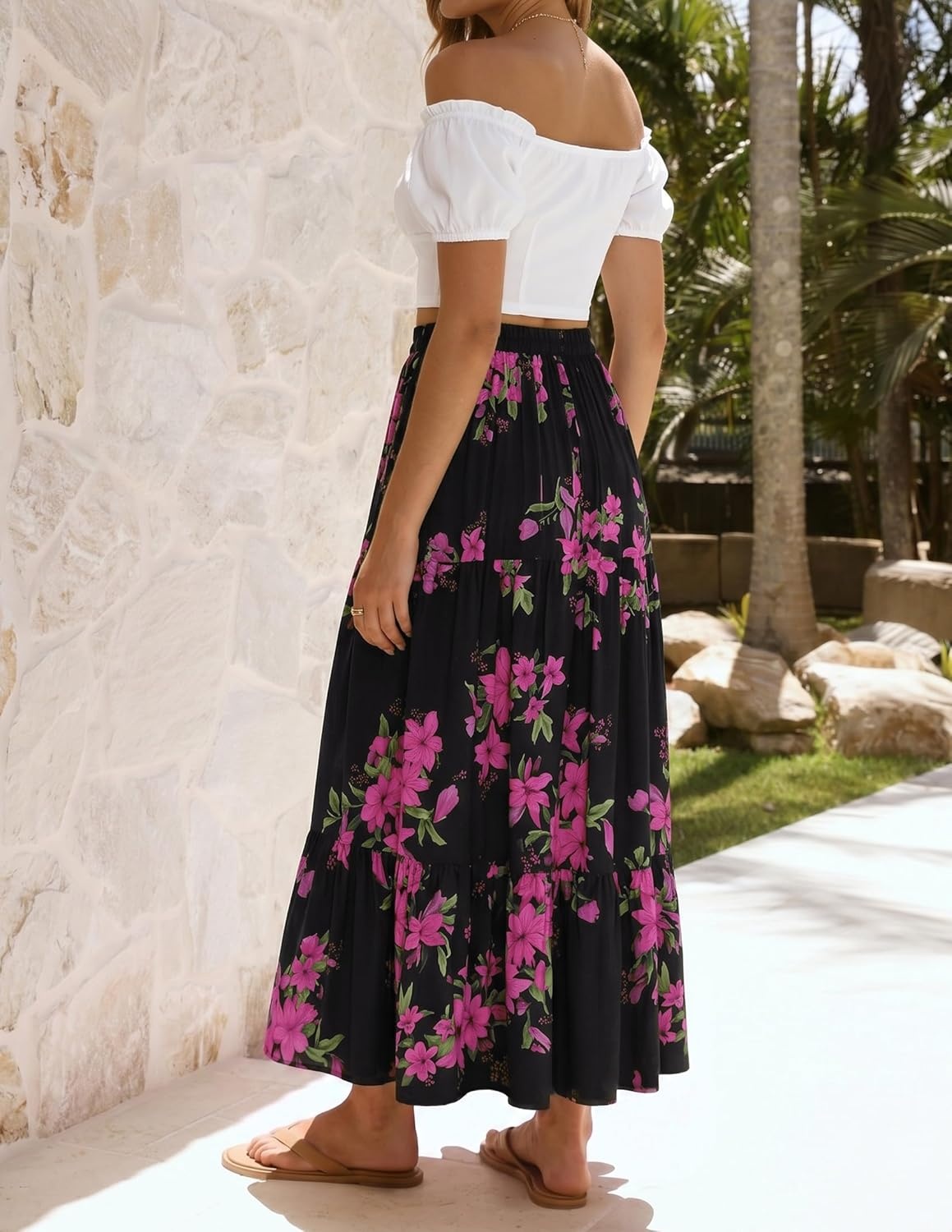 imageZESICA Womens 2026 Summer Bohemian Floral Printed Elastic Waist A Line Maxi Skirt with PocketsBlackrose