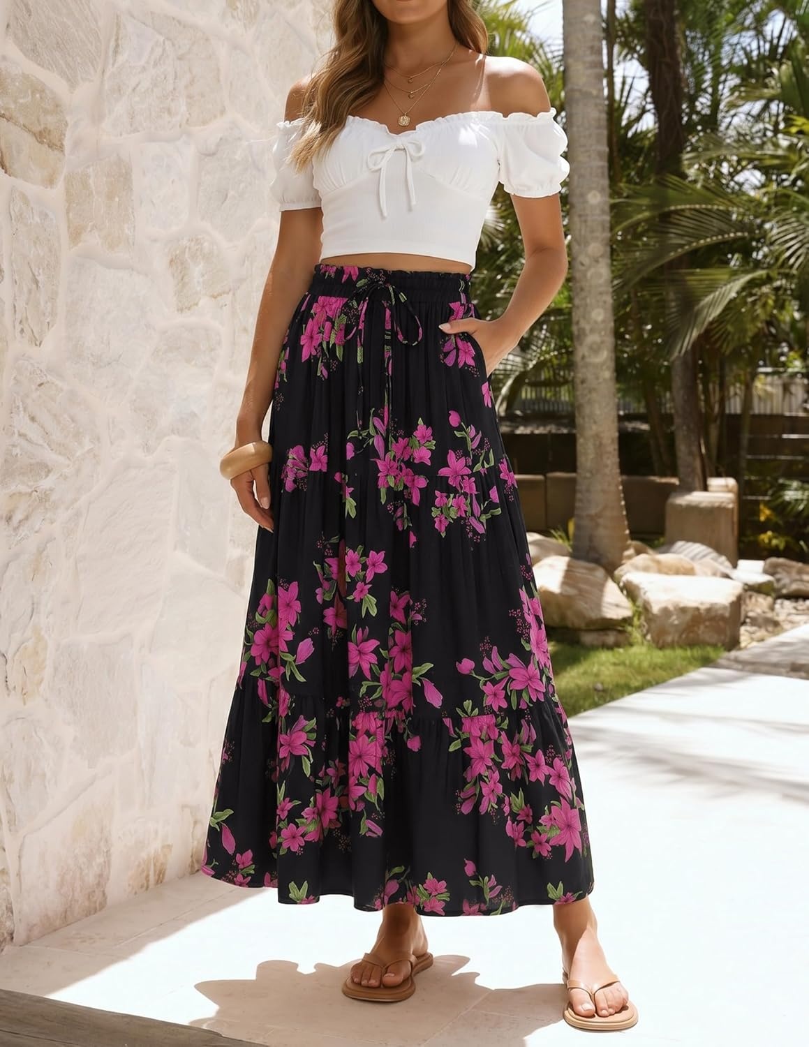 imageZESICA Womens 2026 Summer Bohemian Floral Printed Elastic Waist A Line Maxi Skirt with PocketsBlackrose