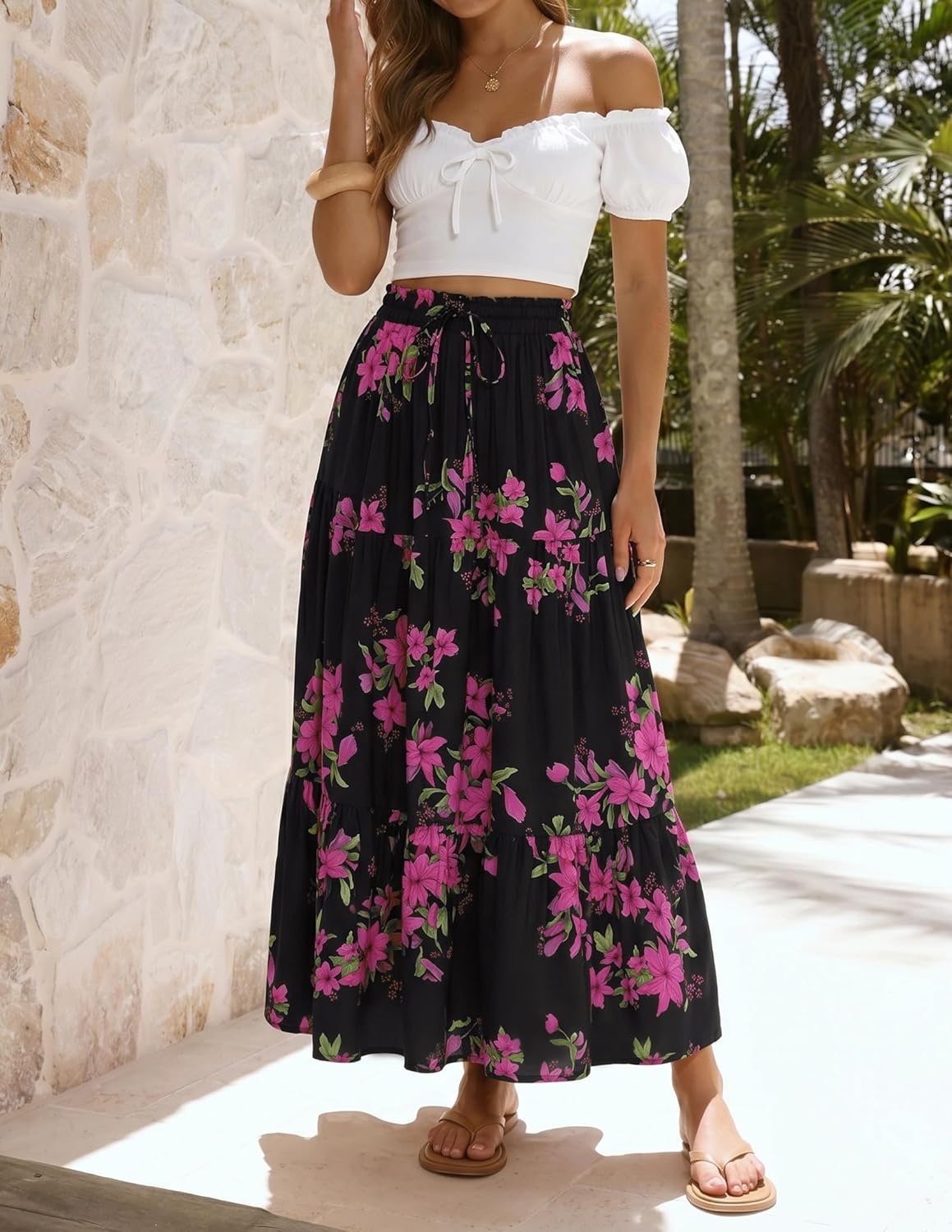 imageZESICA Womens 2026 Summer Bohemian Floral Printed Elastic Waist A Line Maxi Skirt with PocketsBlackrose