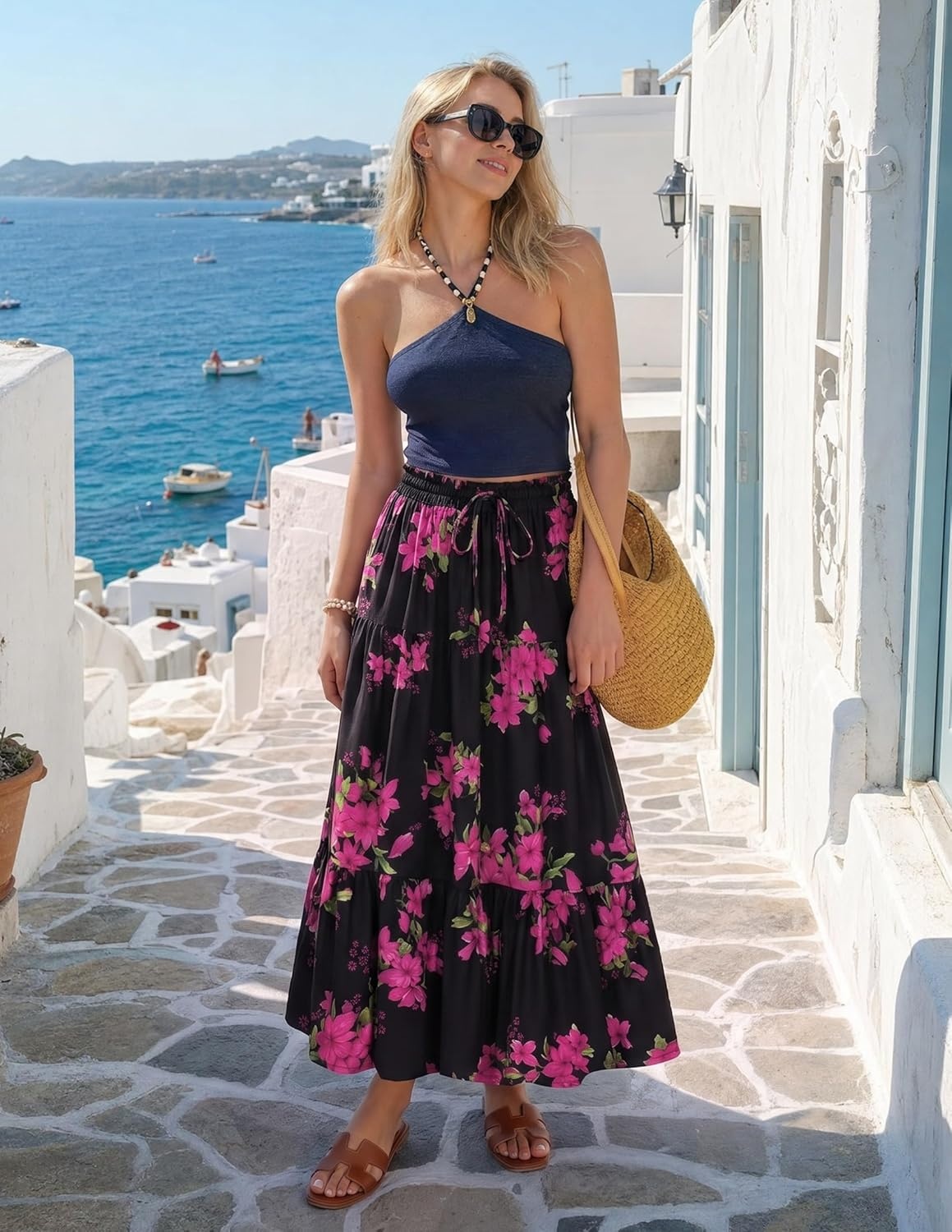 imageZESICA Womens 2026 Summer Bohemian Floral Printed Elastic Waist A Line Maxi Skirt with PocketsBlackrose