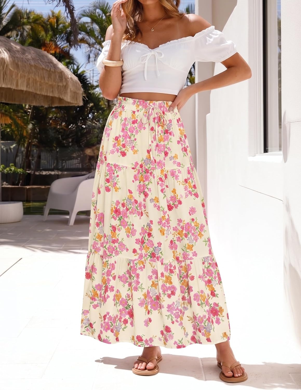 imageZESICA Womens 2026 Summer Bohemian Floral Printed Elastic Waist A Line Maxi Skirt with PocketsLightapricot