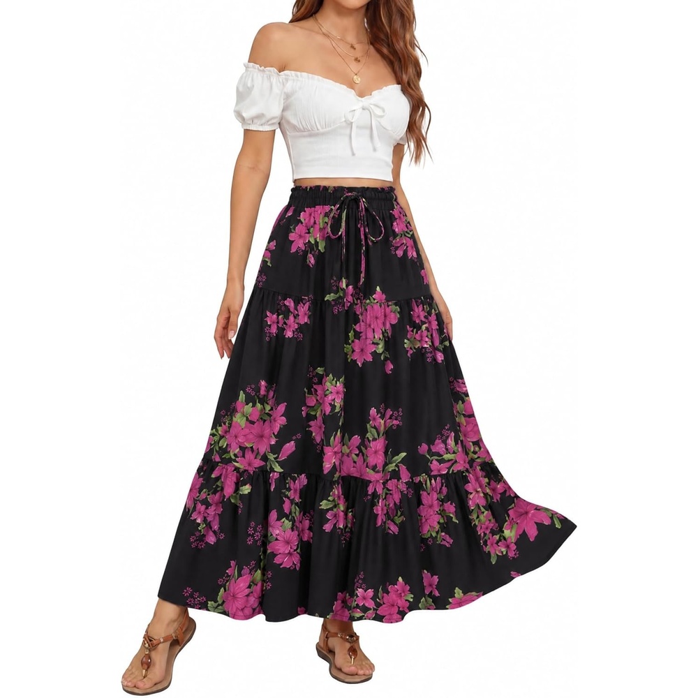imageZESICA Womens 2026 Summer Bohemian Floral Printed Elastic Waist A Line Maxi Skirt with PocketsBlackrose