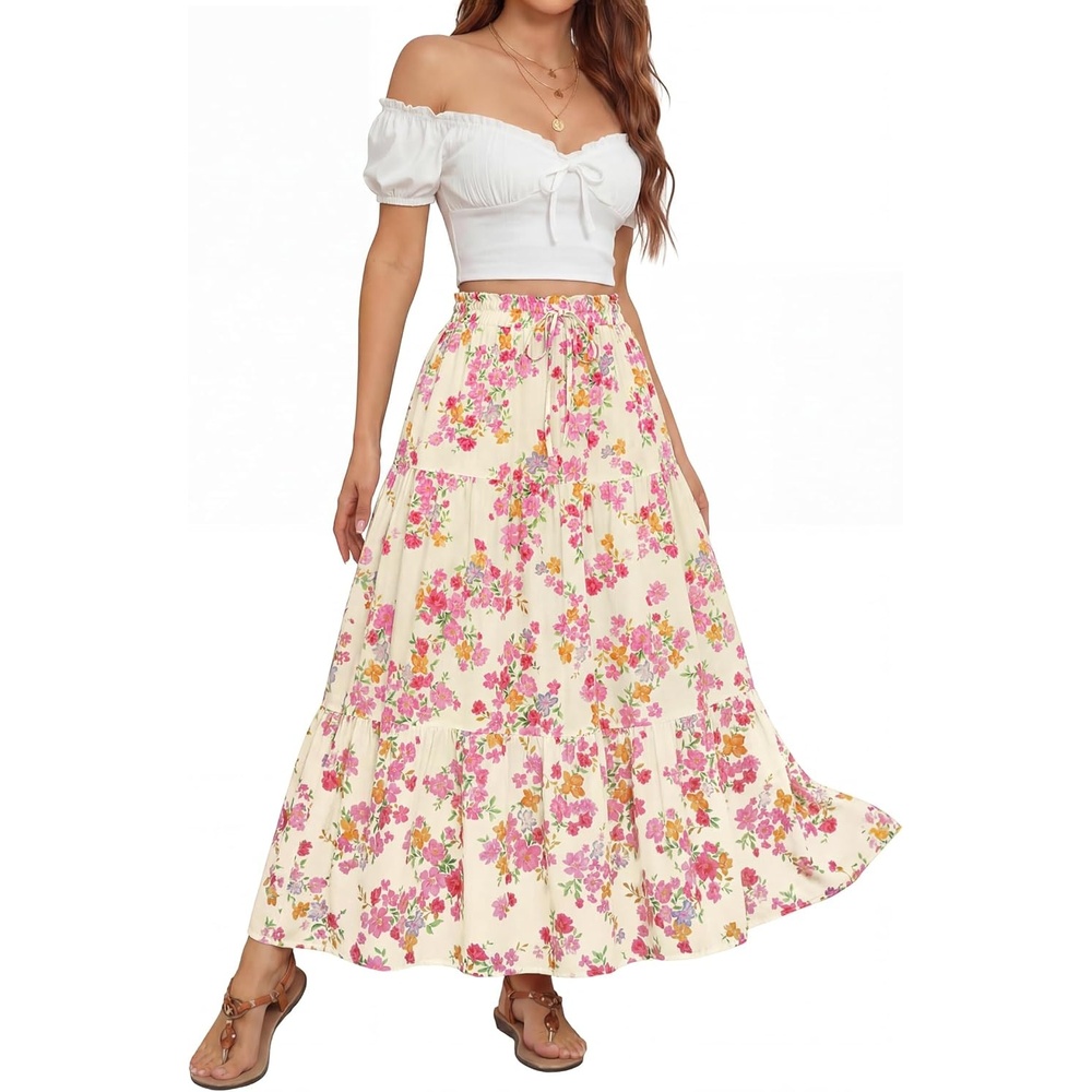 imageZESICA Womens 2026 Summer Bohemian Floral Printed Elastic Waist A Line Maxi Skirt with PocketsLightapricot