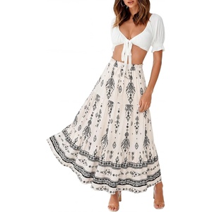 ZESICA Women’s 2026 Summer Bohemian Floral Printed Elastic Waist A Line Maxi Skirt with Pockets(Apricot)