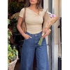 ZESICA Womens Summer Asymmetrical T Shirts 2026 Short Sleeve Ruched Slim Y2K Going Out Tops Dressy Casual Fashion Outfits(Sand)