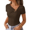 ZESICA Womens Summer Asymmetrical T Shirts 2026 Short Sleeve Ruched Slim Y2K Going Out Tops Dressy Casual Fashion Outfits(Coffee)