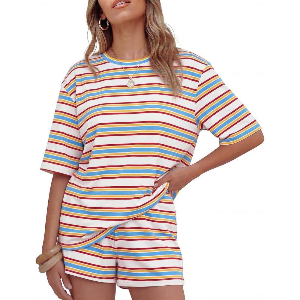 image:imageZESICA Womens Summer 2 Piece Short Sets Striped Loose Fit Matching Lounge Airport Travel Workout Beach Vacation OutfitsBright Blue